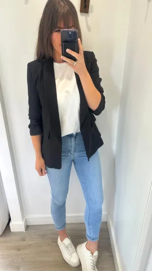 BLACK RUCHED SLEEVE BLAZER