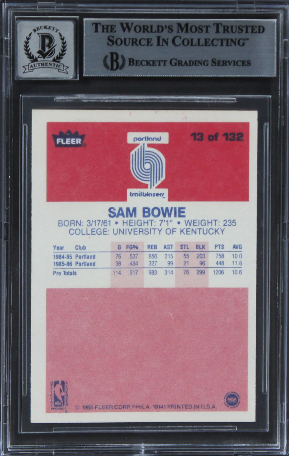 Blazers Sam Bowie Authentic Signed 1986 Fleer #13 Rookie Card Auto 10 BAS Slab