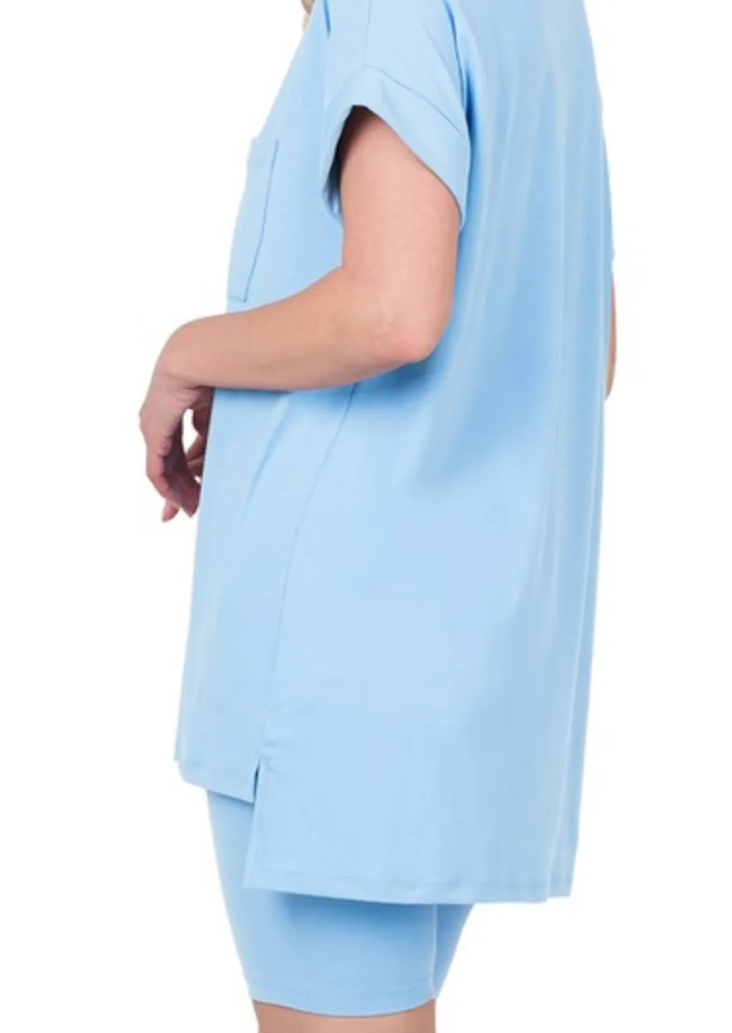BLUE BUTTERY SOFT CUFF SLEEVE TOP