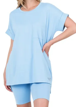 BLUE BUTTERY SOFT CUFF SLEEVE TOP