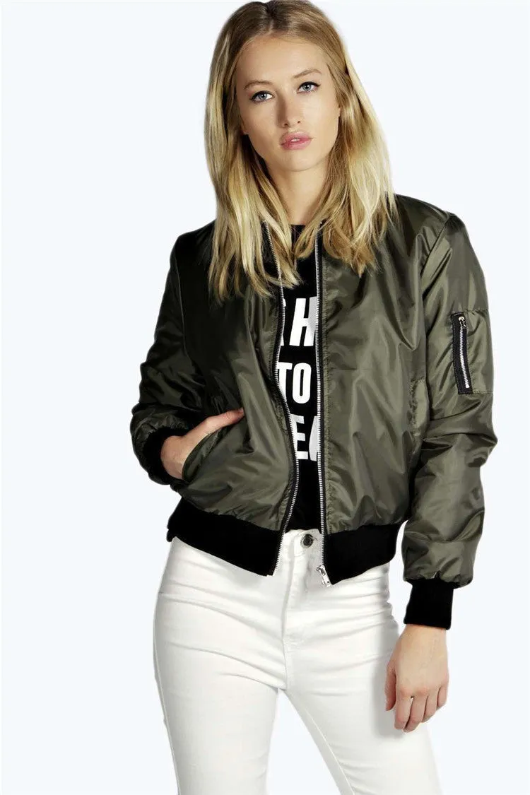 Bomber Fashion Jacket Thin Women Basic Coats Zipper Long Sleeve Solid Slim Black Green Baseball Jackets
