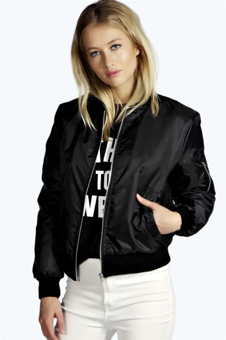 Bomber Fashion Jacket Thin Women Basic Coats Zipper Long Sleeve Solid Slim Black Green Baseball Jackets