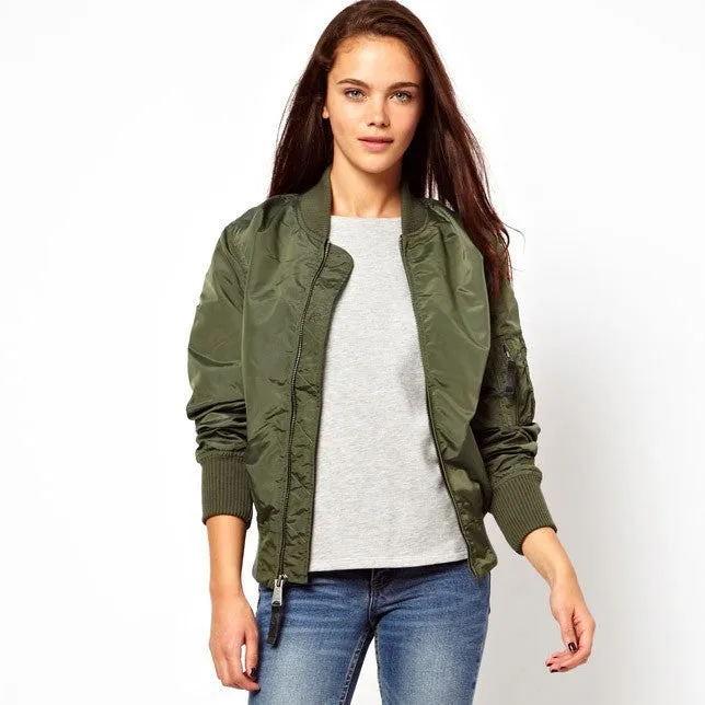 Bomber Fashion Jacket Thin Women Basic Coats Zipper Long Sleeve Solid Slim Black Green Baseball Jackets