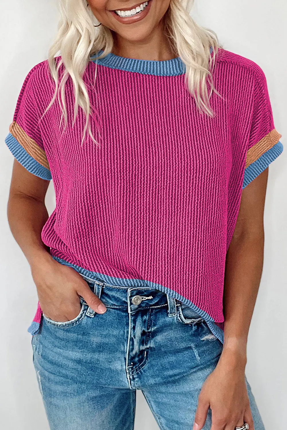 Bright Pink Textured Contrast Trim Round Neck Top
