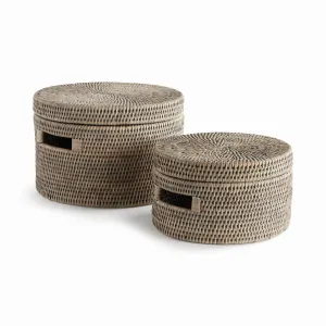 Burma Rattan Round Lidded Boxes, Set Of 2