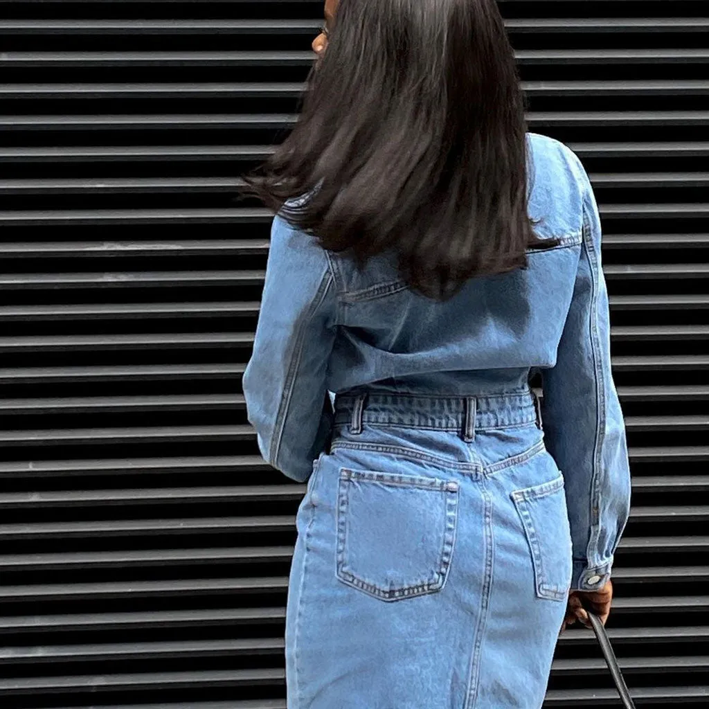 Button Down Long Sleeve Denim Midi Dress - Blue