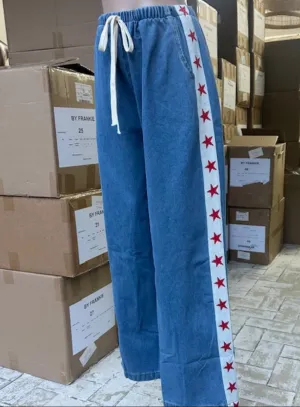 By Frankie - Blue Denim Red Star Pants