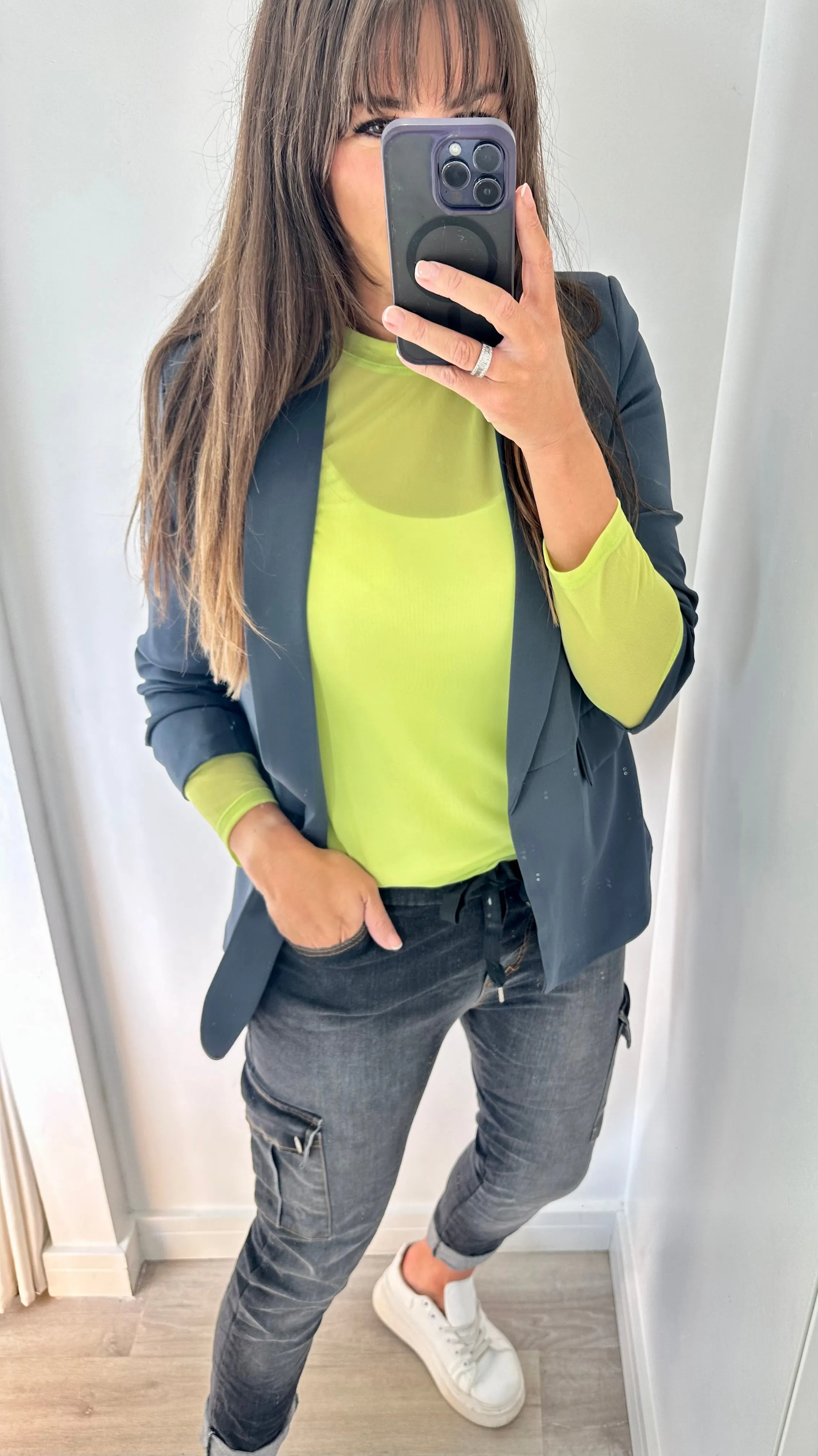 CHARCOAL GREY RUCHED SLEEVE BLAZER