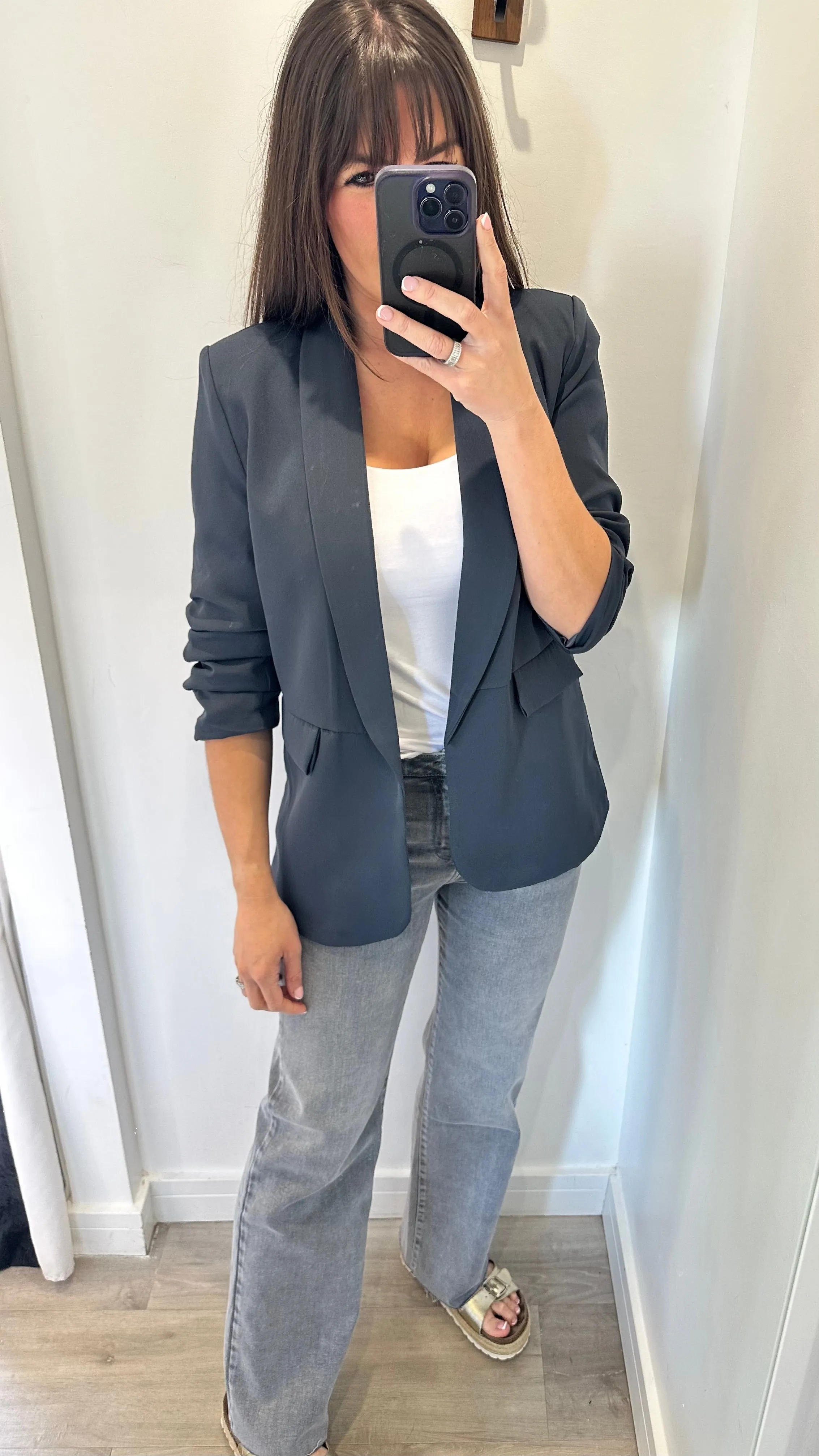 CHARCOAL GREY RUCHED SLEEVE BLAZER