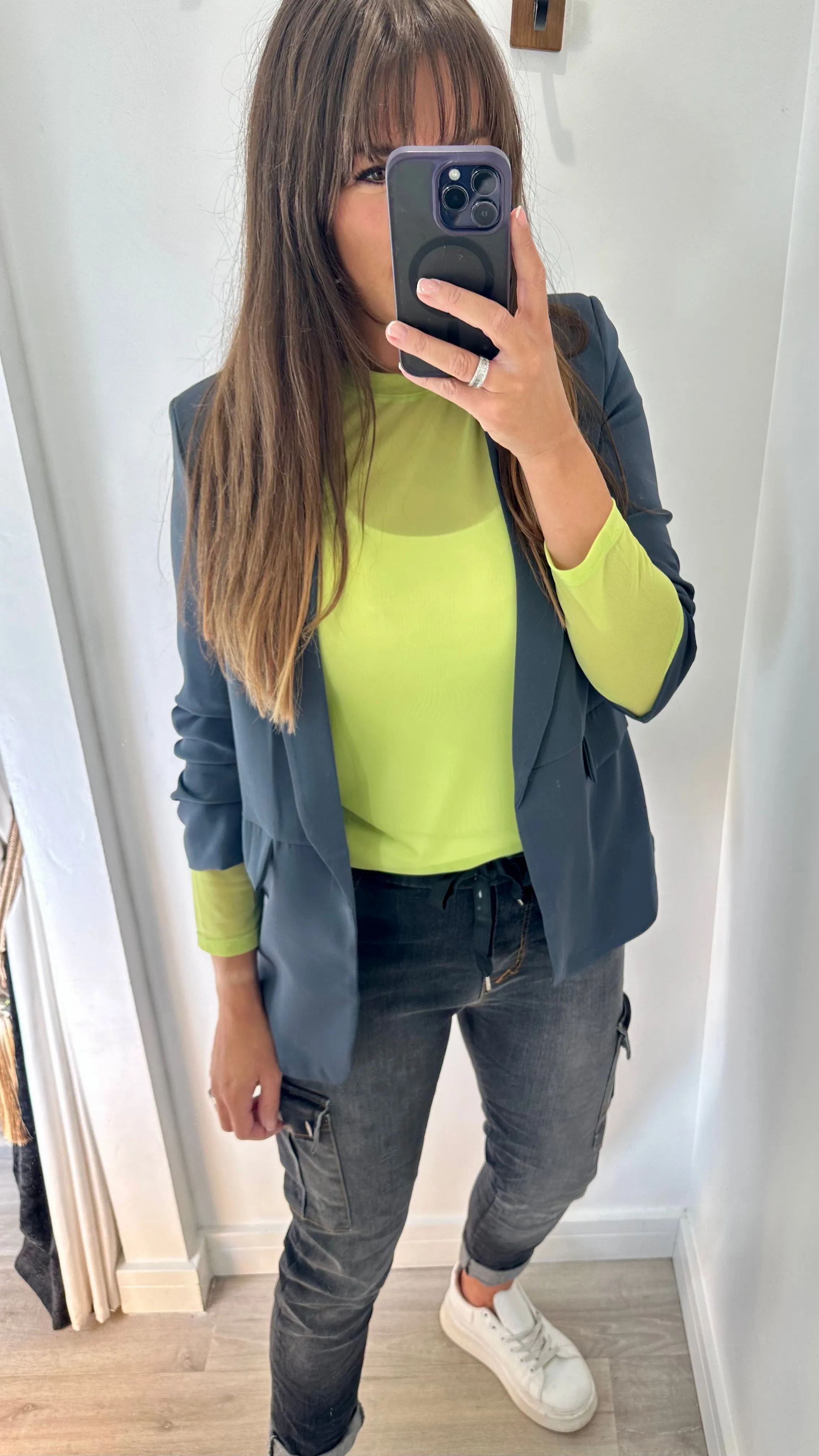 CHARCOAL GREY RUCHED SLEEVE BLAZER