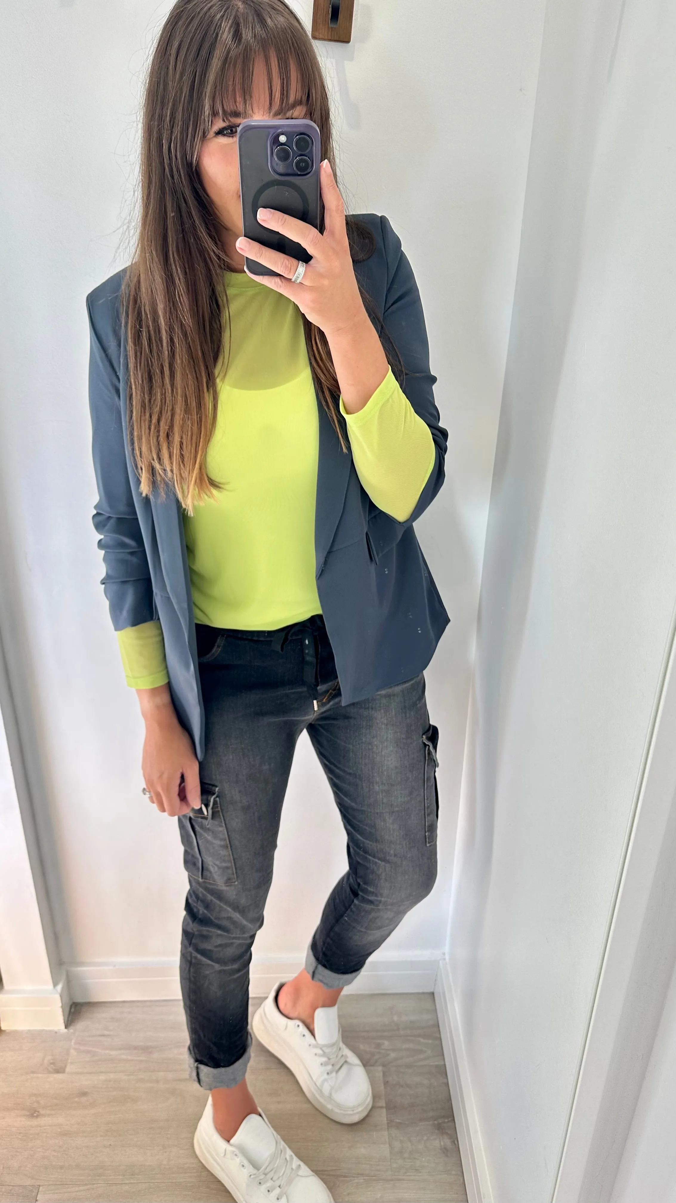 CHARCOAL GREY RUCHED SLEEVE BLAZER