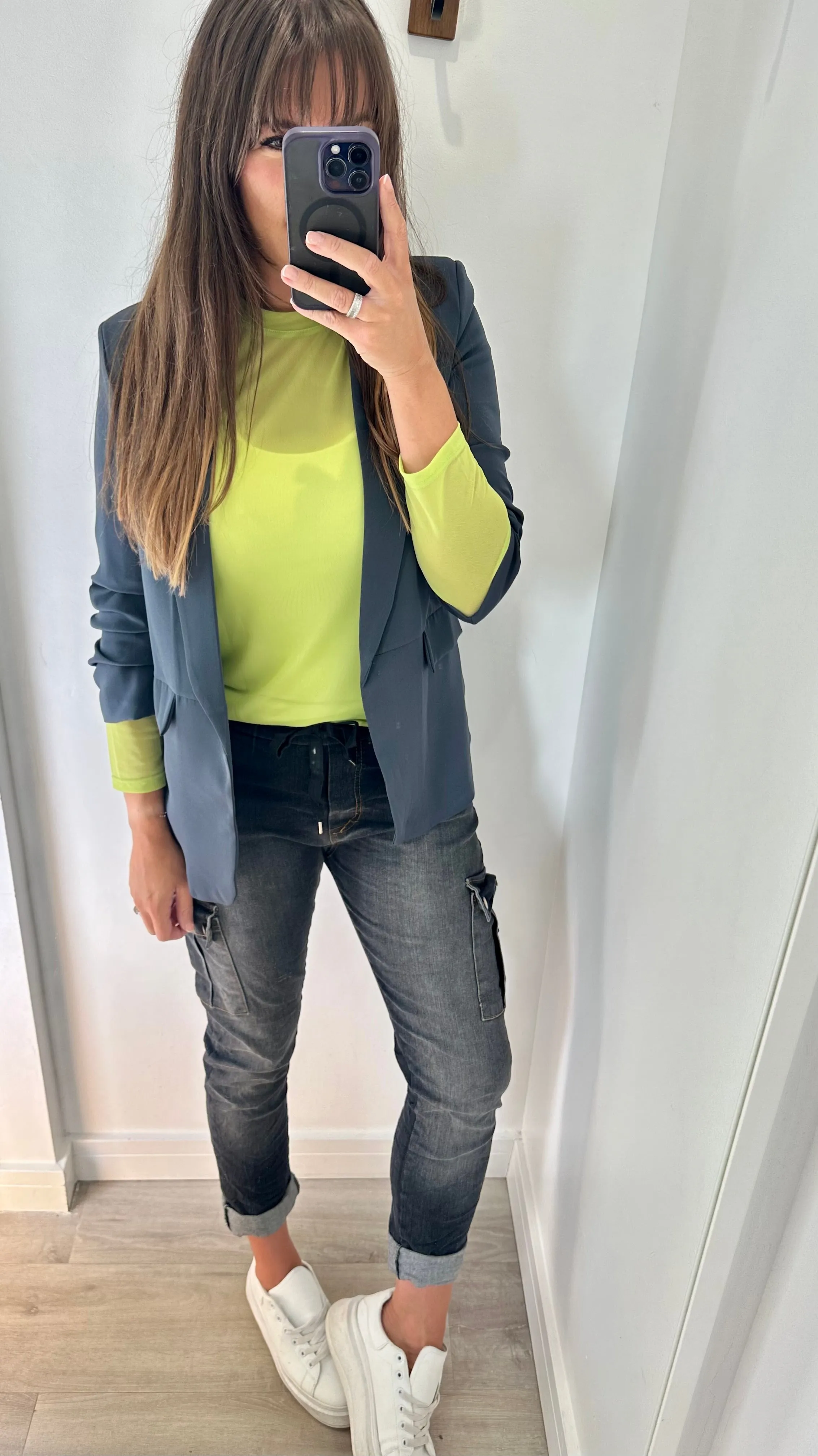 CHARCOAL GREY RUCHED SLEEVE BLAZER