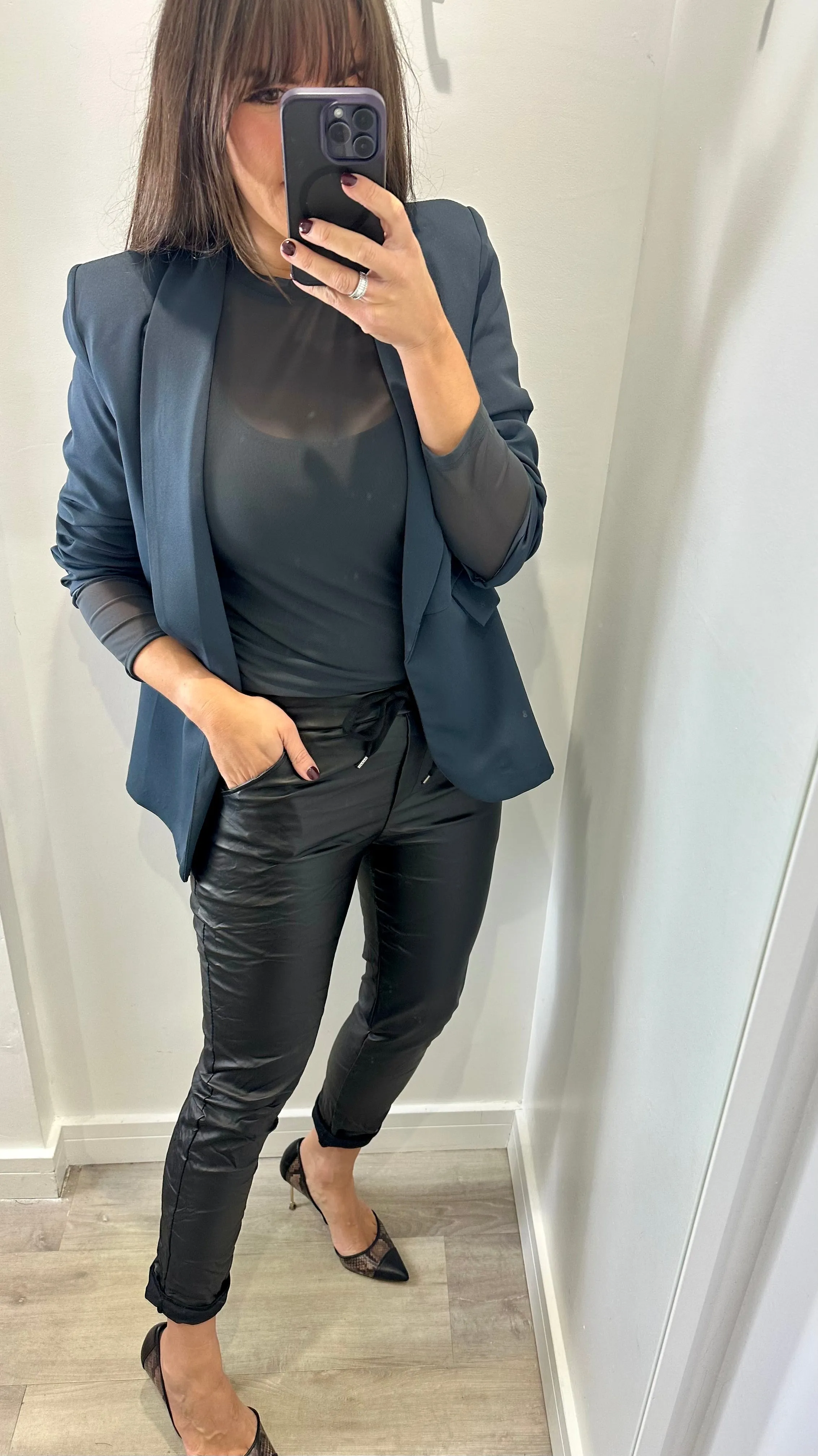 CHARCOAL GREY RUCHED SLEEVE BLAZER