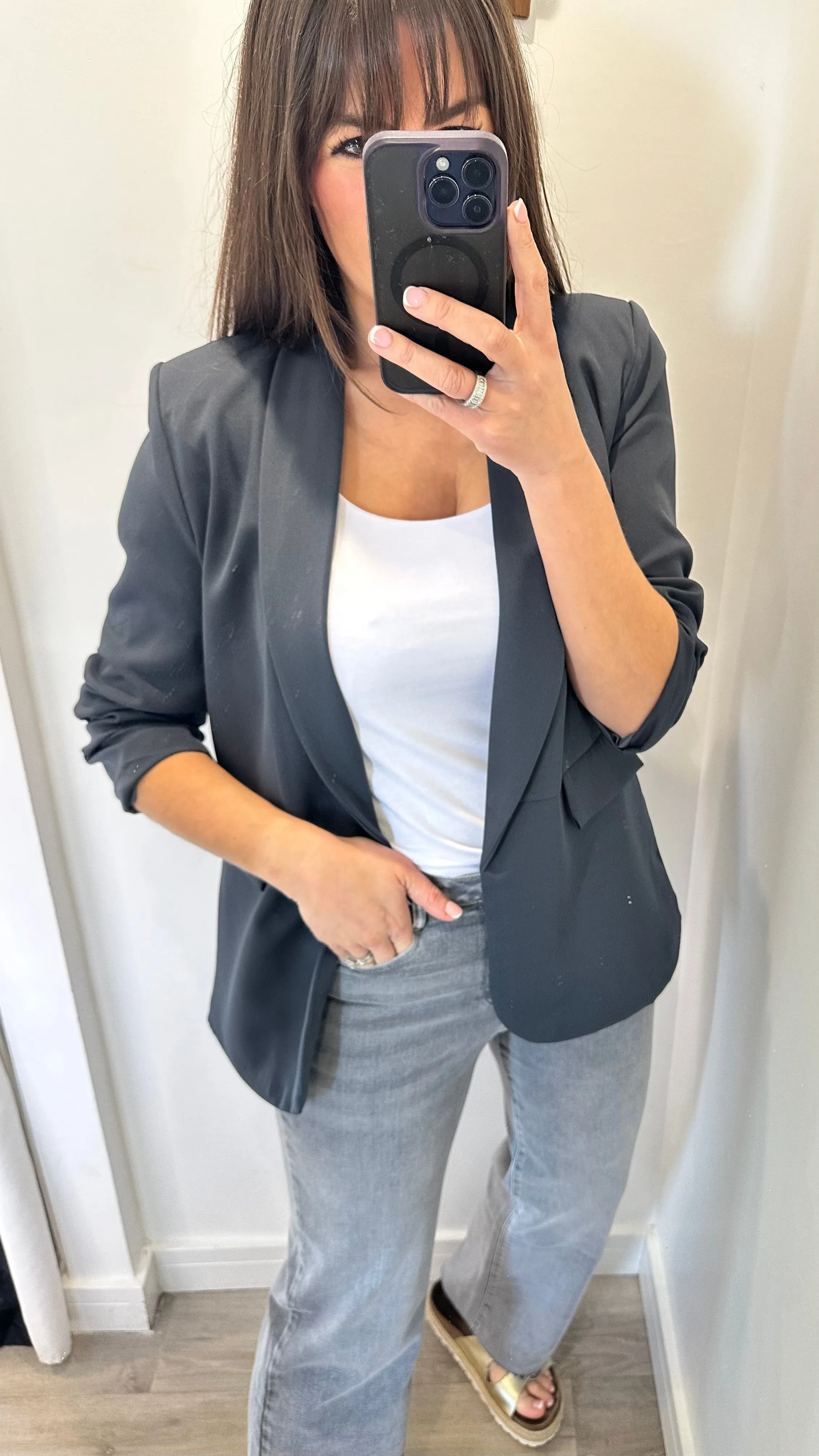 CHARCOAL GREY RUCHED SLEEVE BLAZER