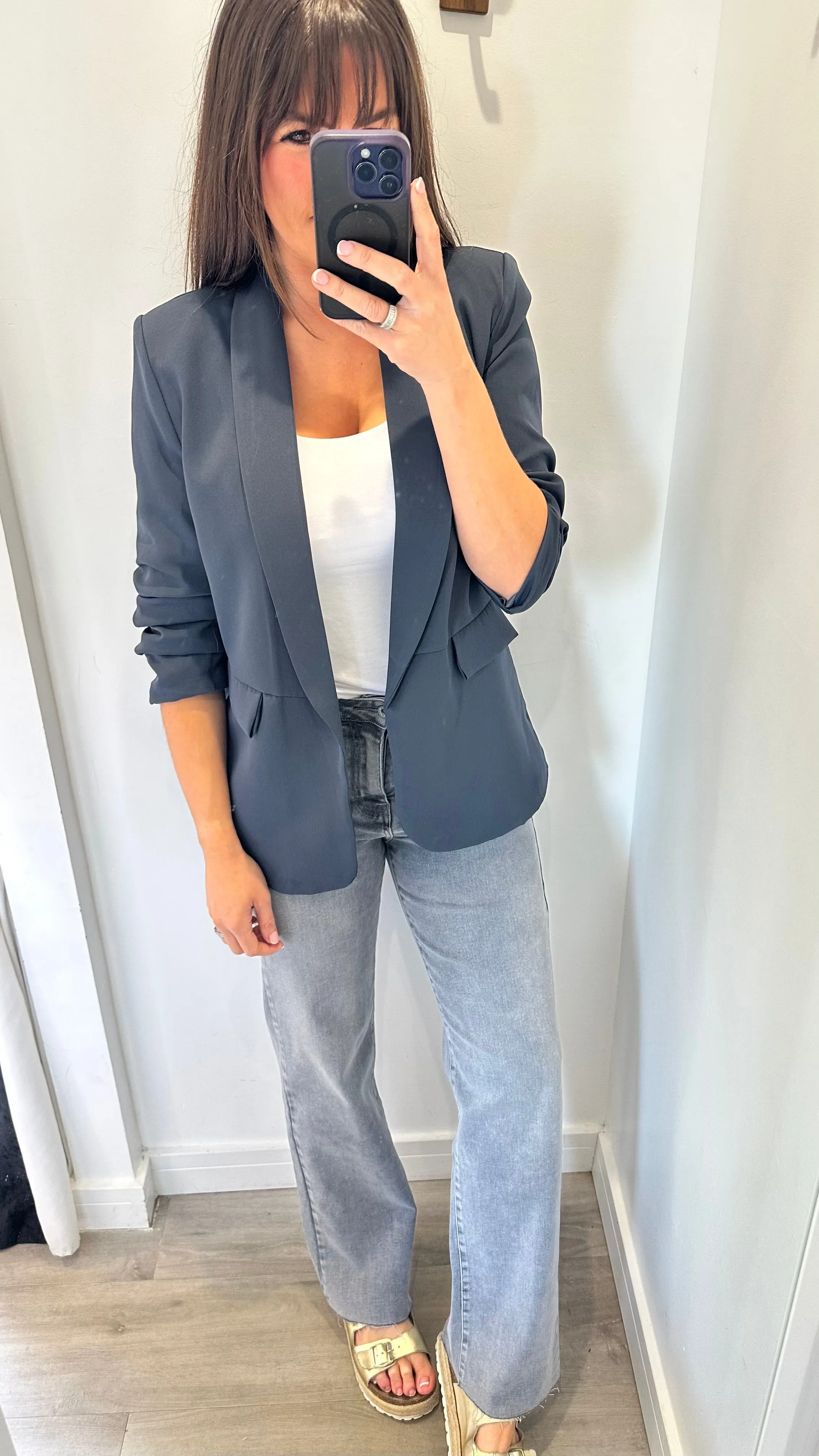 CHARCOAL GREY RUCHED SLEEVE BLAZER