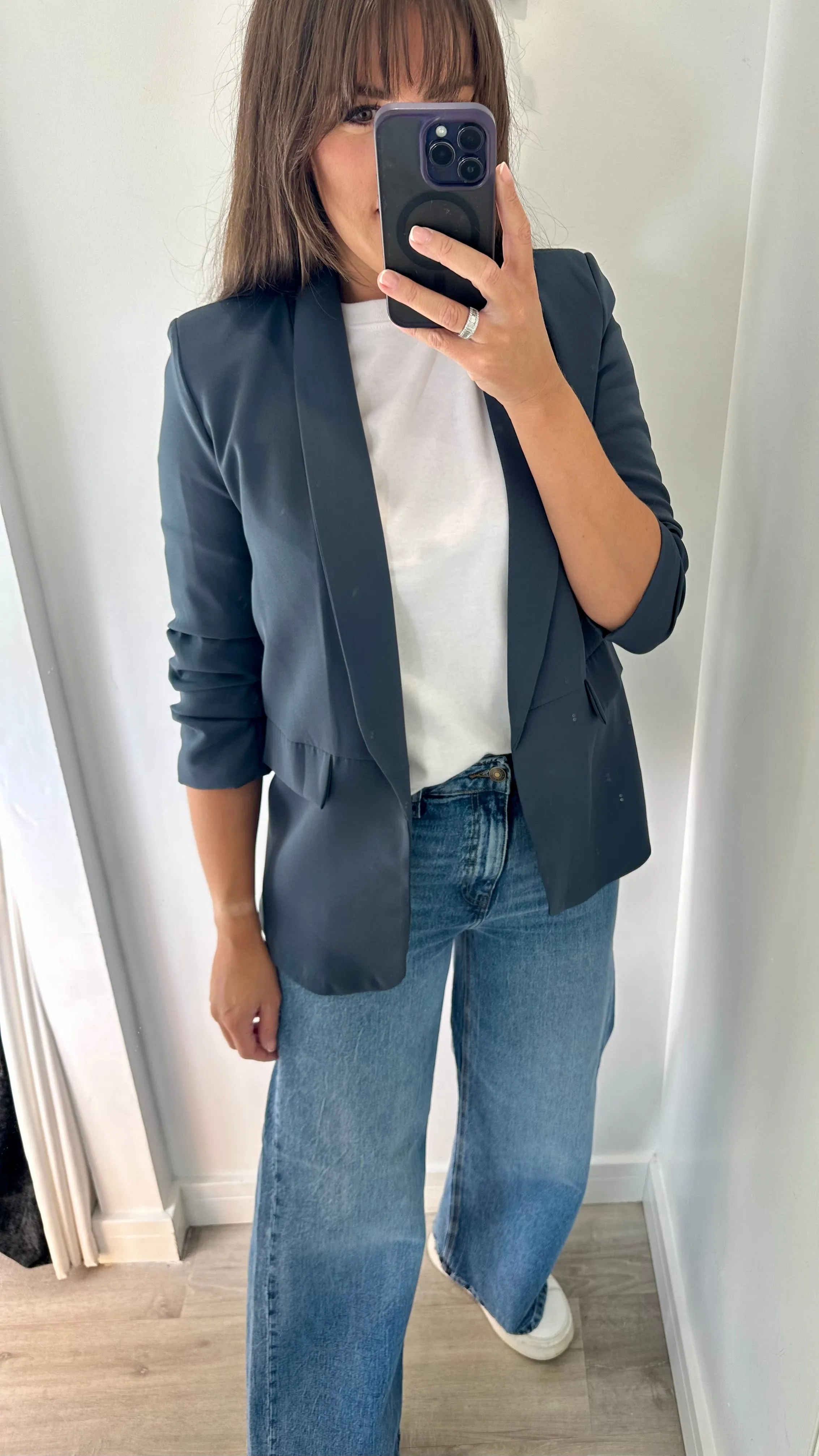 CHARCOAL GREY RUCHED SLEEVE BLAZER
