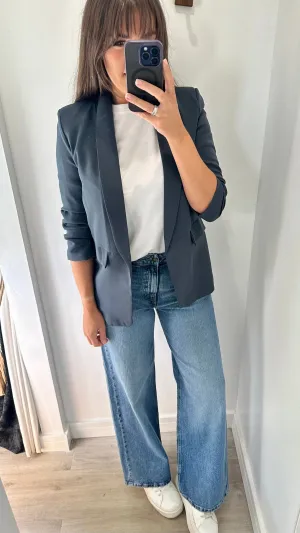 CHARCOAL GREY RUCHED SLEEVE BLAZER