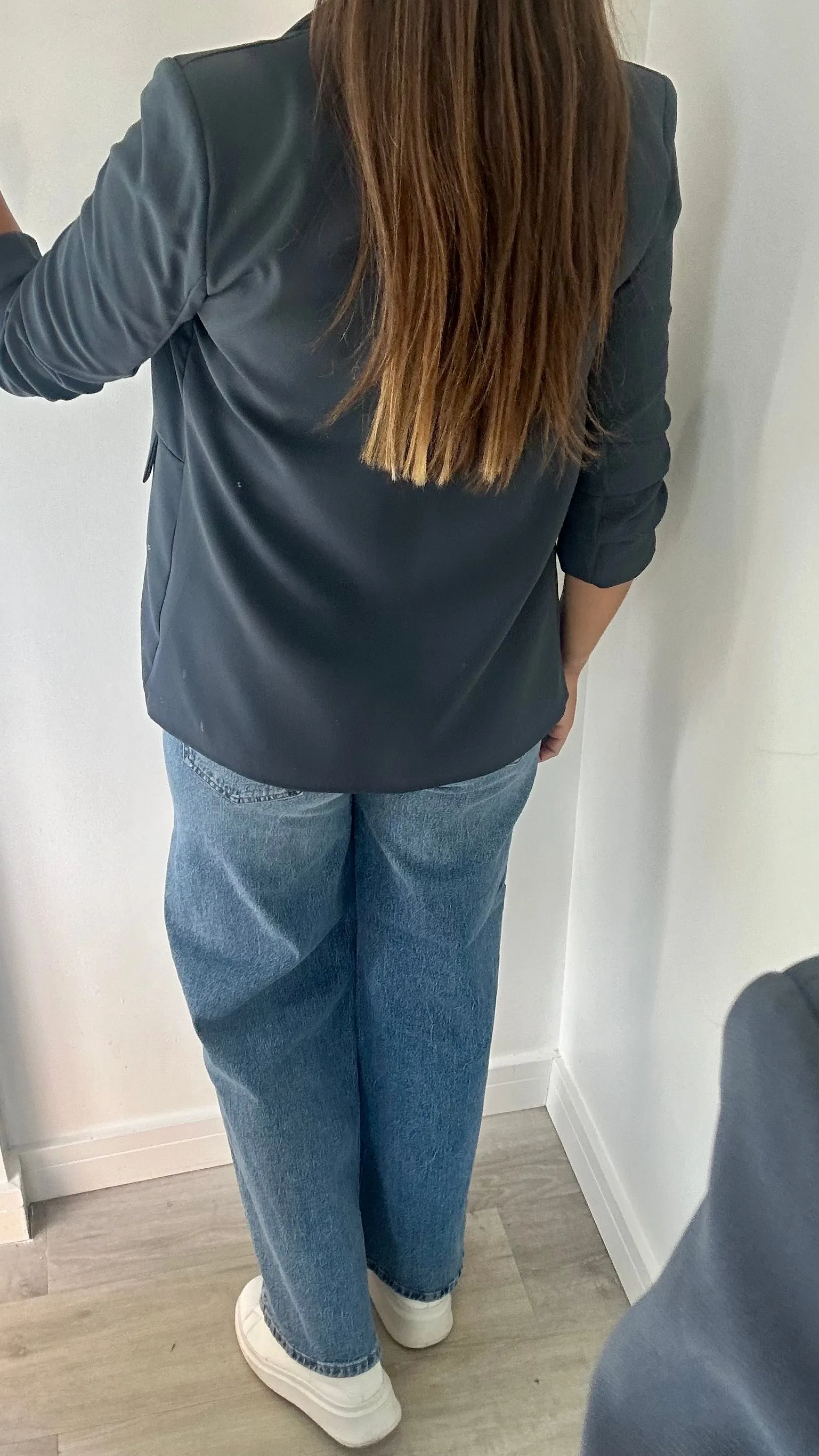 CHARCOAL GREY RUCHED SLEEVE BLAZER
