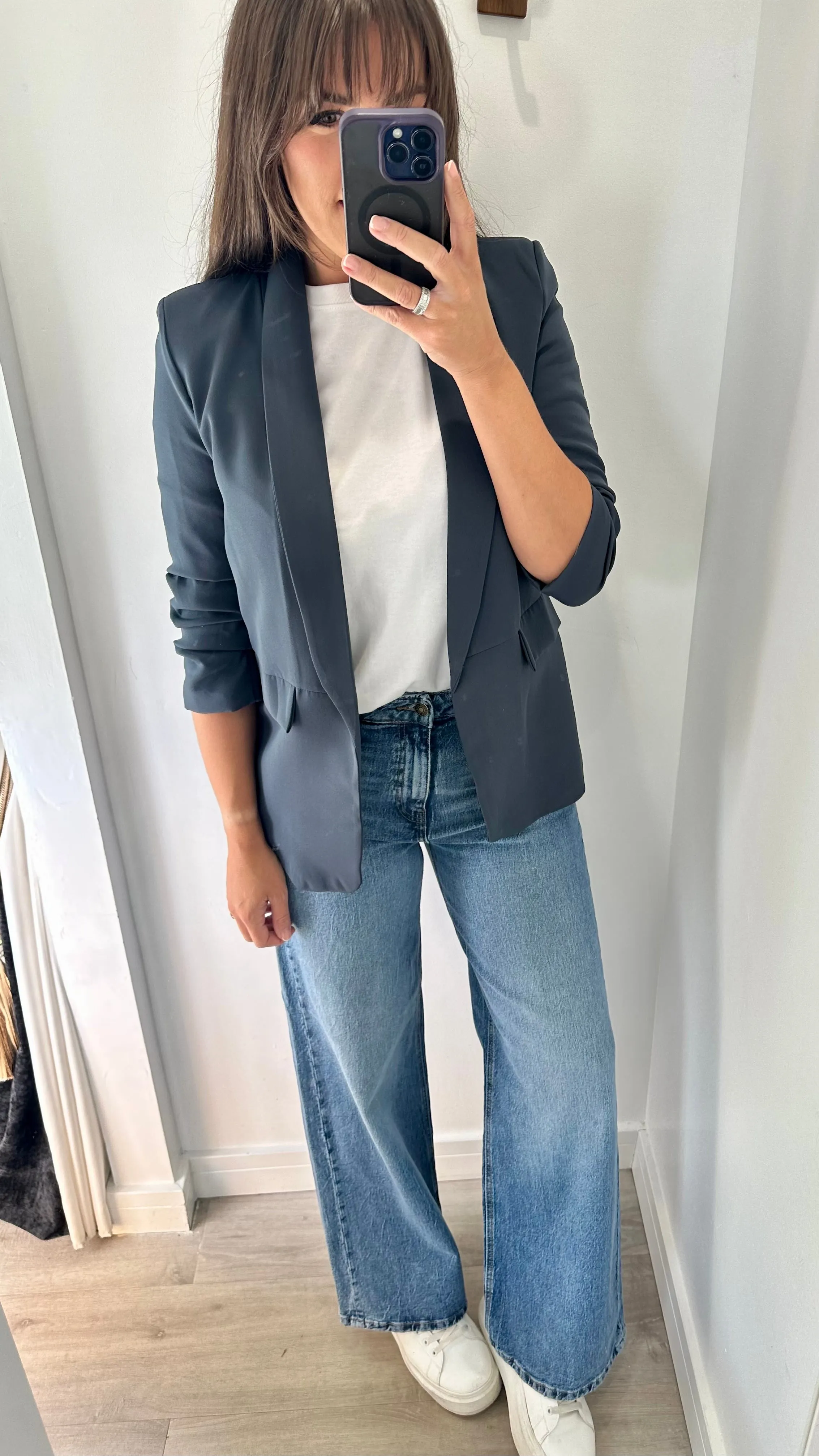 CHARCOAL GREY RUCHED SLEEVE BLAZER