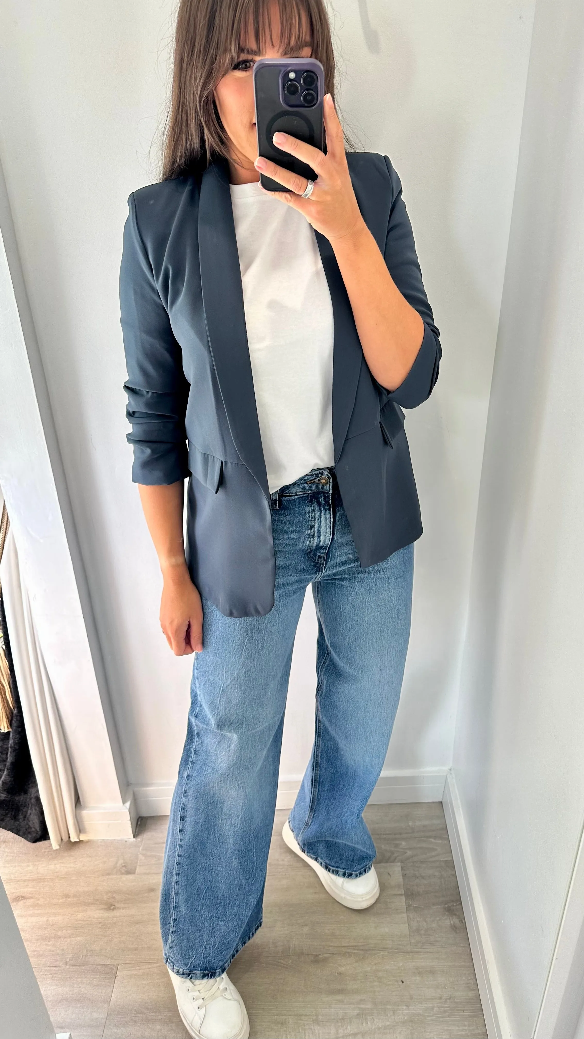 CHARCOAL GREY RUCHED SLEEVE BLAZER