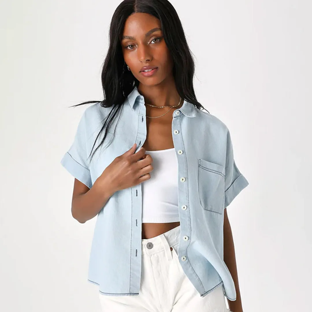 Charmingly Casual Light Blue Chambray Button-Up Top