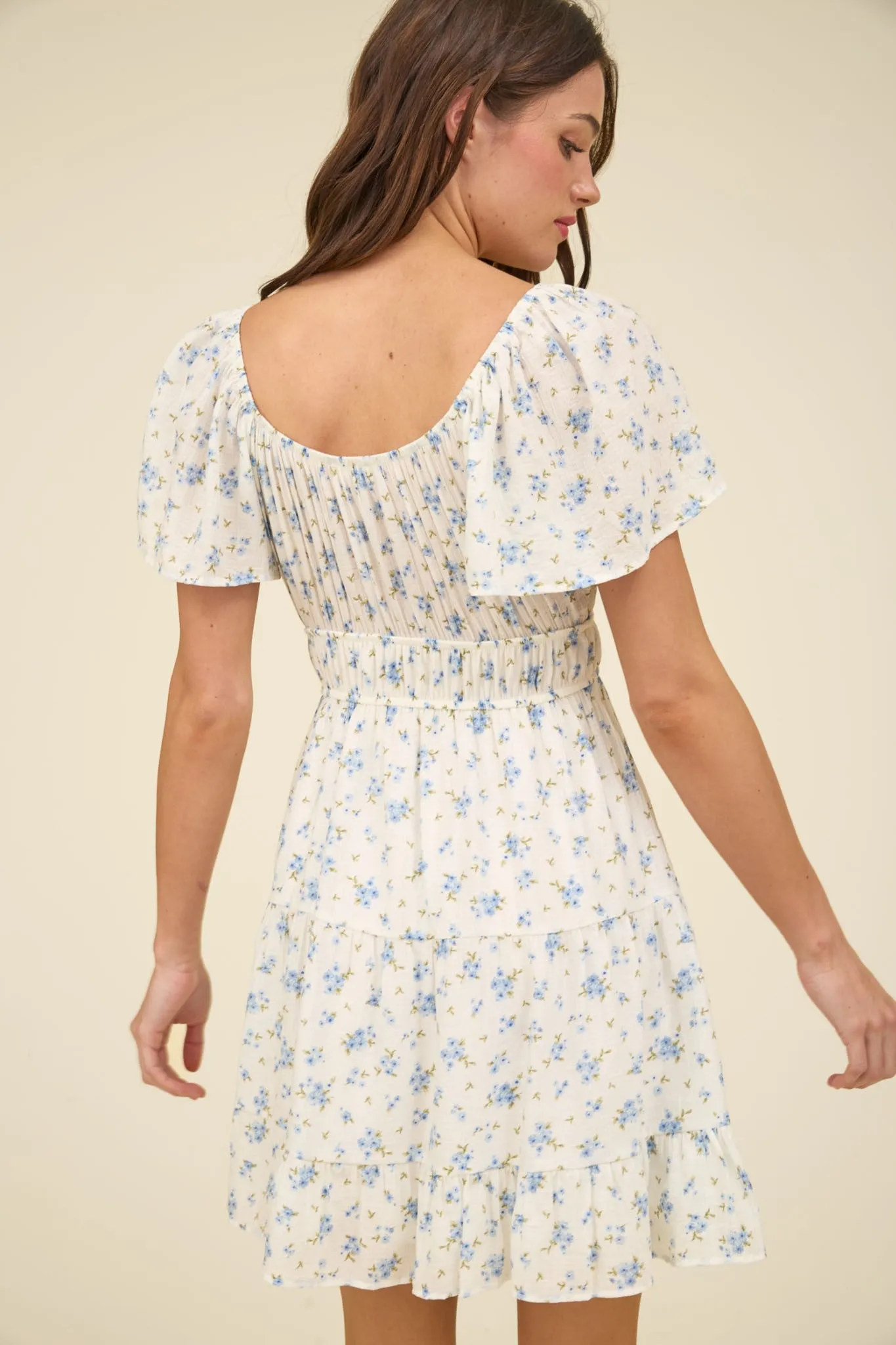 CHERRY BLOSSOM FRONT TIE SHORT SLEEVE MINI DRESS