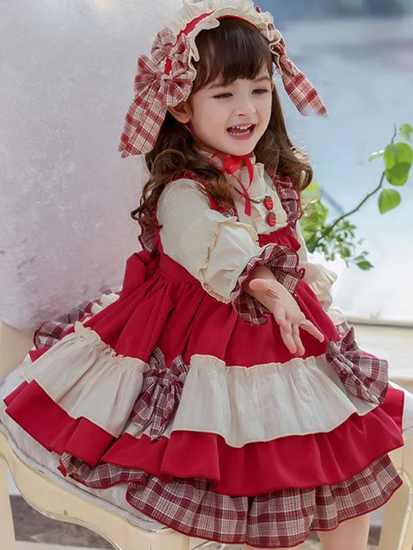 Children's Sweet Lolita Dress Headwear Red Bow Strawberry Button Ruffles Polyester Long Sleeve Kids One Piece Dress