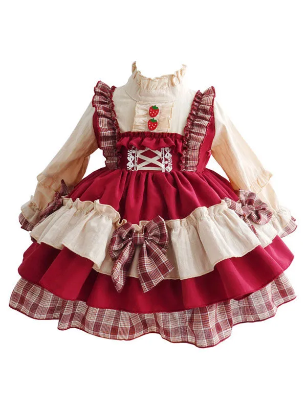 Children's Sweet Lolita Dress Headwear Red Bow Strawberry Button Ruffles Polyester Long Sleeve Kids One Piece Dress