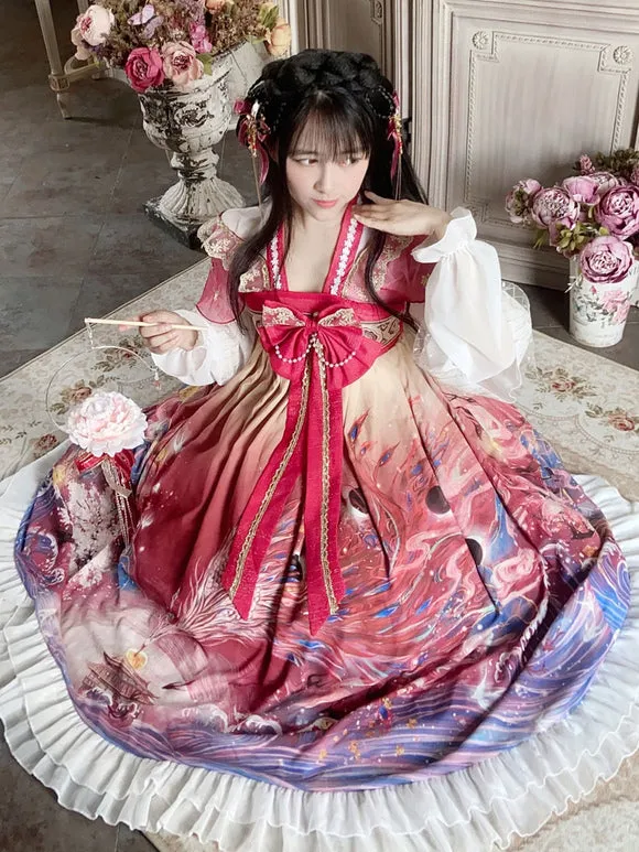 Chinese Lolita OP Dress Polyester Long Sleeves Red Chinese Style Lolita One Piece Dress