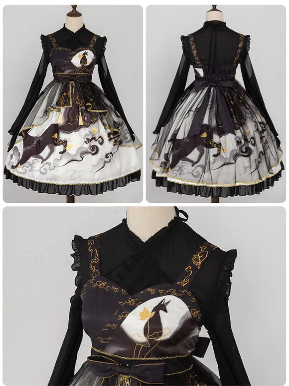 Chinese Style Lolita Dress Bows Sleeveless Polyester Chinese Style Floral Print White Chinese Style Lolita