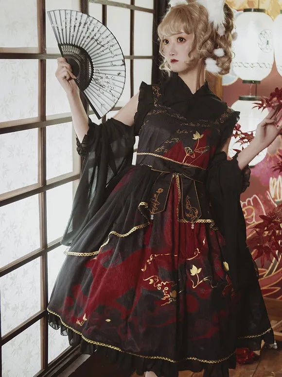 Chinese Style Lolita Dress Bows Sleeveless Polyester Chinese Style Floral Print White Chinese Style Lolita
