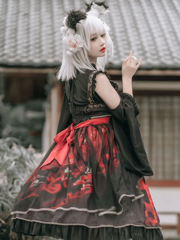 Chinese Style Lolita Dress Bows Sleeveless Polyester Chinese Style Floral Print White Chinese Style Lolita