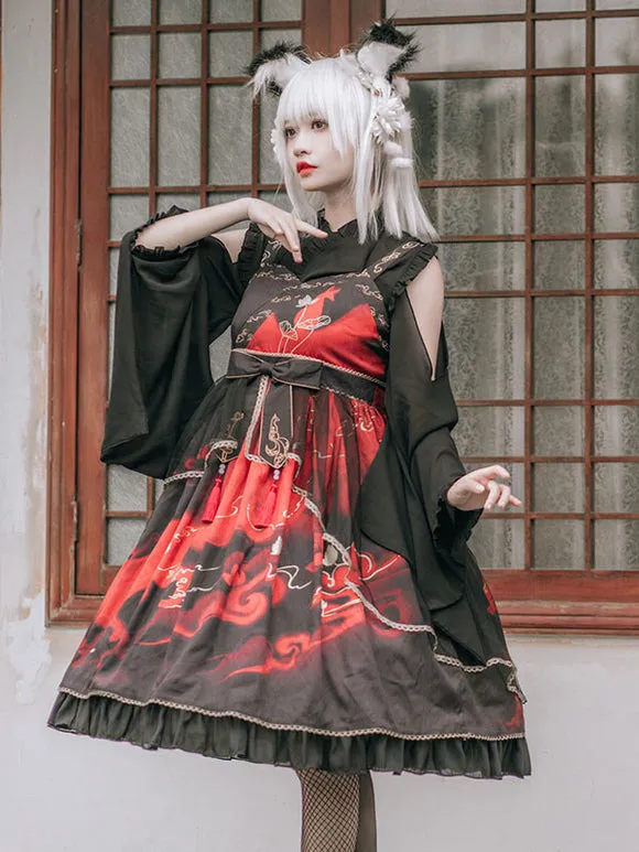 Chinese Style Lolita Dress Bows Sleeveless Polyester Chinese Style Floral Print White Chinese Style Lolita