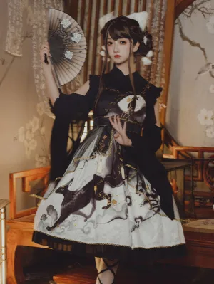 Chinese Style Lolita Dress Bows Sleeveless Polyester Chinese Style Floral Print White Chinese Style Lolita
