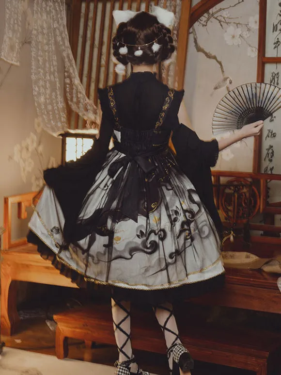 Chinese Style Lolita Dress Bows Sleeveless Polyester Chinese Style Floral Print White Chinese Style Lolita