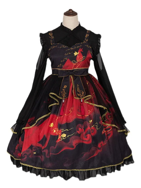 Chinese Style Lolita Dress Bows Sleeveless Polyester Chinese Style Floral Print White Chinese Style Lolita