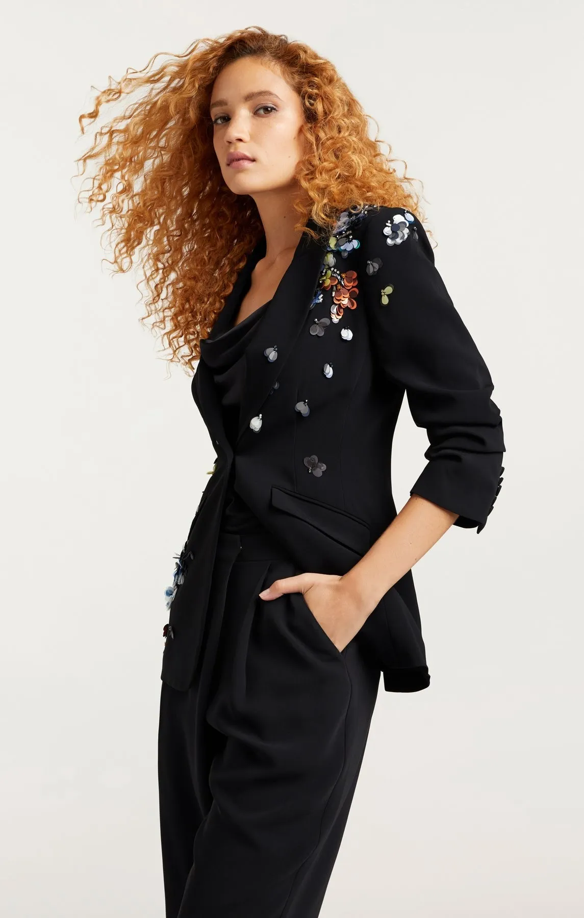 Cinq à Sept Sequin Flower Scrunched Cheyenne Blazer in Black/Multi