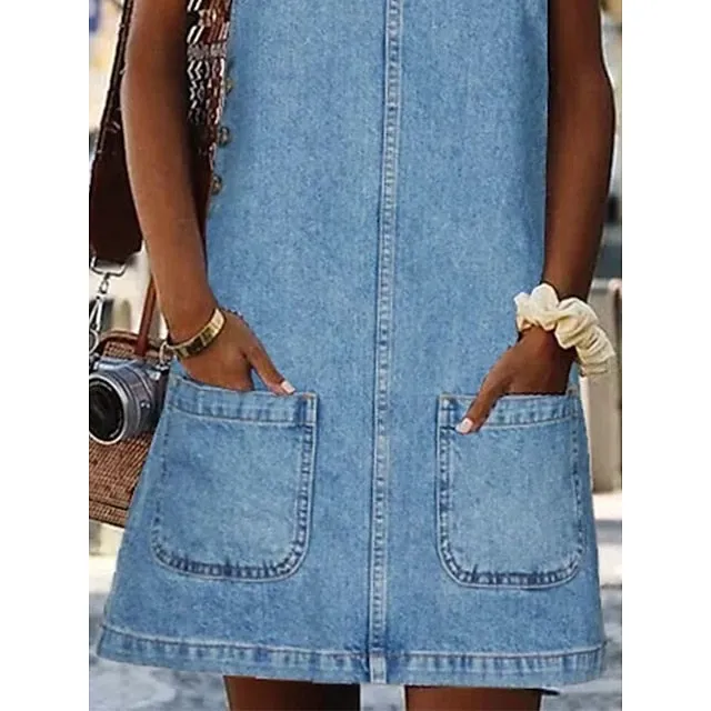 CityHottie - Women's Casual Dress Shift Dress Denim Overall Pinafore Dress Mini Dress Denim Fashion Modern Outdoor Daily Vacation U Neck Pocket Sleeveless Summer Spring 2024 Regular Fit Black Blue Gray Plain S M