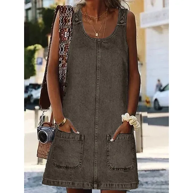 CityHottie - Women's Casual Dress Shift Dress Denim Overall Pinafore Dress Mini Dress Denim Fashion Modern Outdoor Daily Vacation U Neck Pocket Sleeveless Summer Spring 2024 Regular Fit Black Blue Gray Plain S M