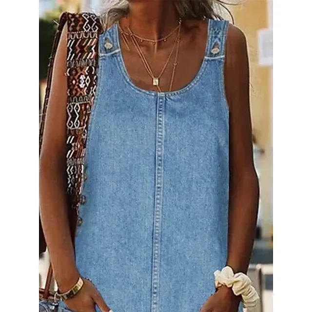 CityHottie - Women's Casual Dress Shift Dress Denim Overall Pinafore Dress Mini Dress Denim Fashion Modern Outdoor Daily Vacation U Neck Pocket Sleeveless Summer Spring 2024 Regular Fit Black Blue Gray Plain S M