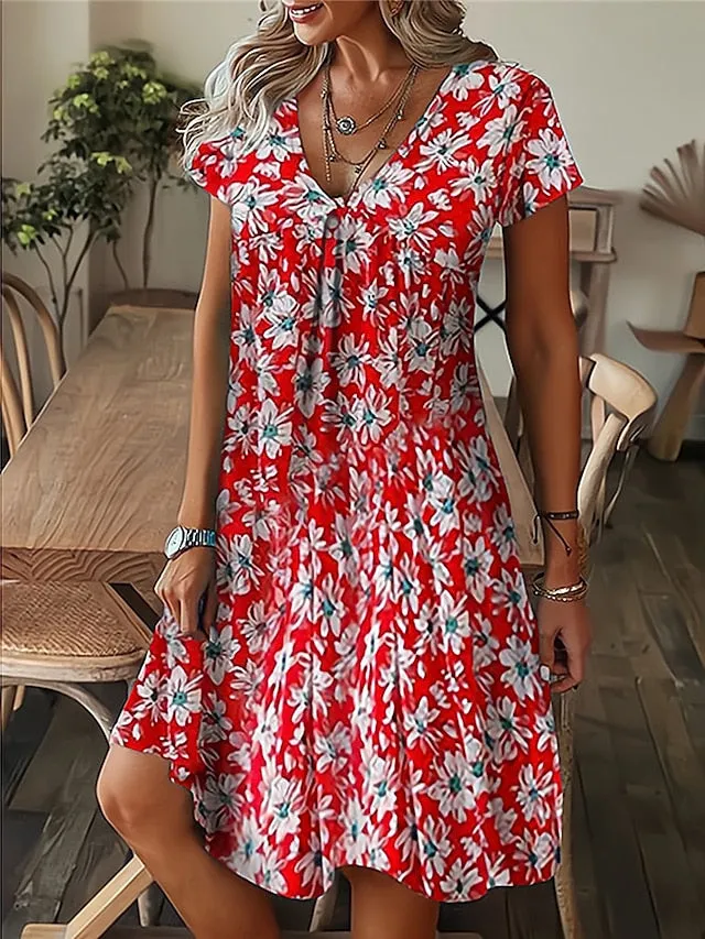 CityHottie - Women's Casual Dress Summer Dress Print Dress Leaf Floral Print V Neck Midi Dress Fashion Modern Outdoor Daily Short Sleeve Regular Fit Black White Yellow Summer Spring S M L XL XXL