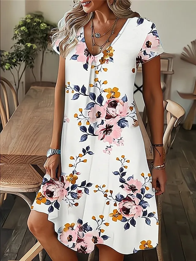 CityHottie - Women's Casual Dress Summer Dress Print Dress Leaf Floral Print V Neck Midi Dress Fashion Modern Outdoor Daily Short Sleeve Regular Fit Black White Yellow Summer Spring S M L XL XXL