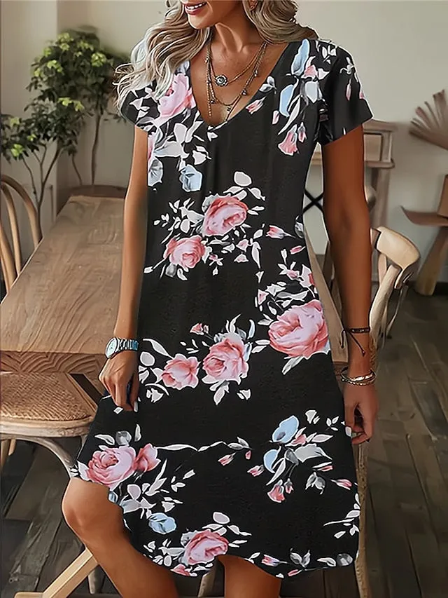 CityHottie - Women's Casual Dress Summer Dress Print Dress Leaf Floral Print V Neck Midi Dress Fashion Modern Outdoor Daily Short Sleeve Regular Fit Black White Yellow Summer Spring S M L XL XXL