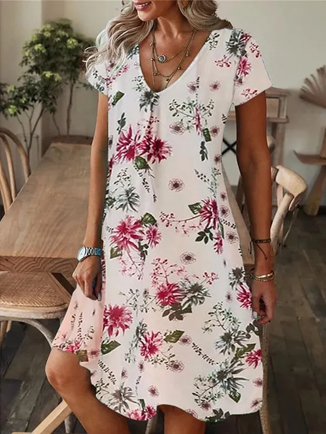 CityHottie - Women's Casual Dress Summer Dress Print Dress Leaf Floral Print V Neck Midi Dress Fashion Modern Outdoor Daily Short Sleeve Regular Fit Black White Yellow Summer Spring S M L XL XXL