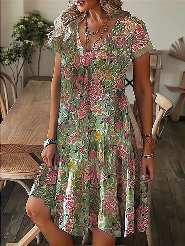 CityHottie - Women's Casual Dress Summer Dress Print Dress Leaf Floral Print V Neck Midi Dress Fashion Modern Outdoor Daily Short Sleeve Regular Fit Black White Yellow Summer Spring S M L XL XXL