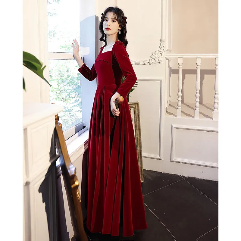 Clear inventory, large size toast dress, bride's new long-sleeved square collar temperament, slim and thin engagement evening dress