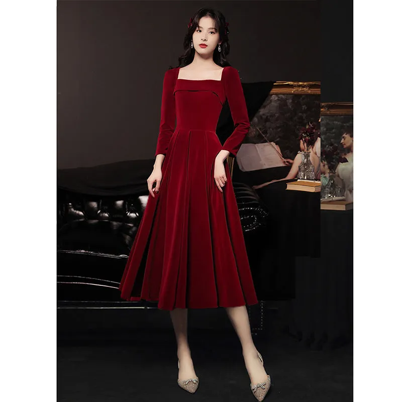 Clear inventory, large size toast dress, bride's new long-sleeved square collar temperament, slim and thin engagement evening dress