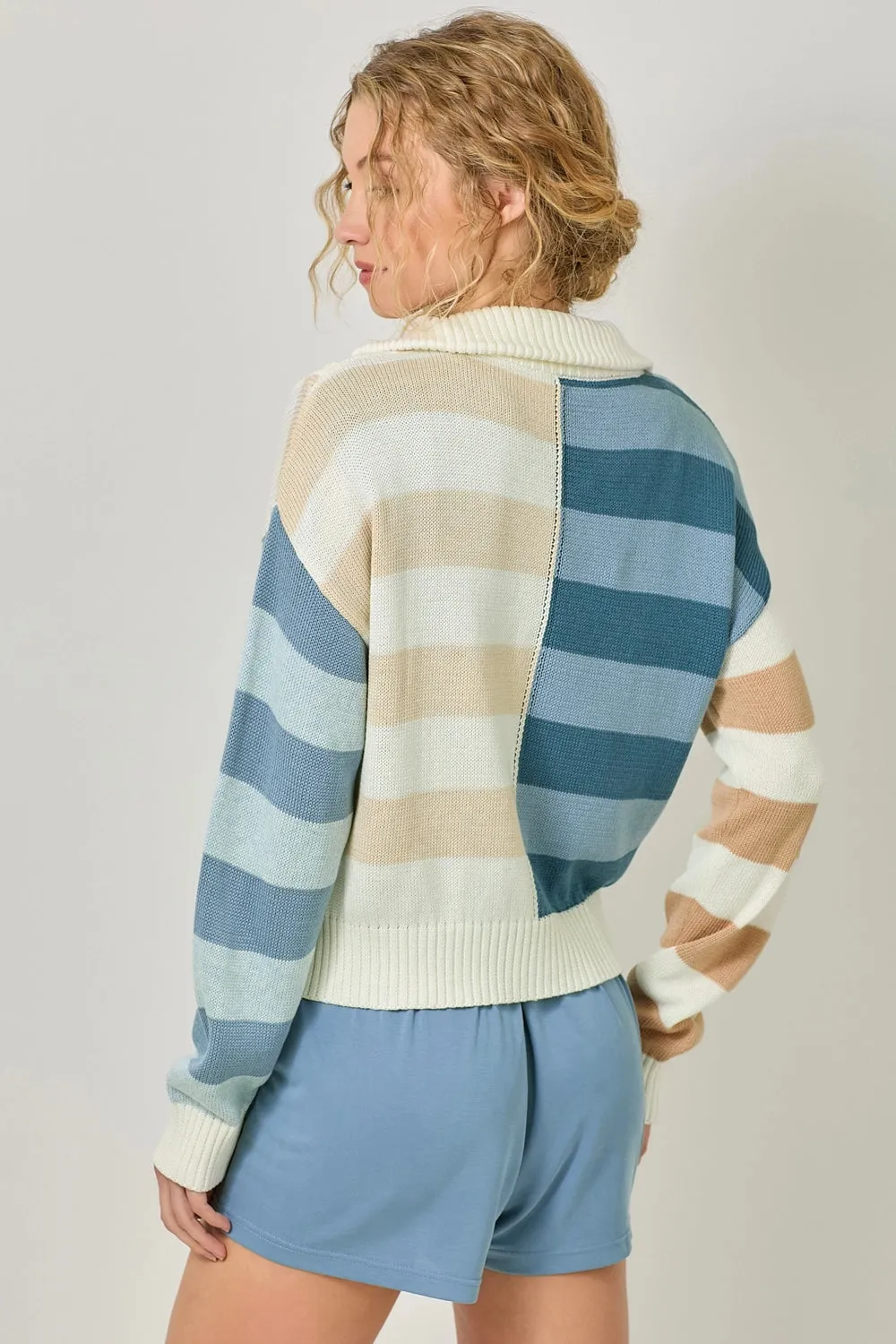 Color Blocked Stripe Zipped Neck Sweater