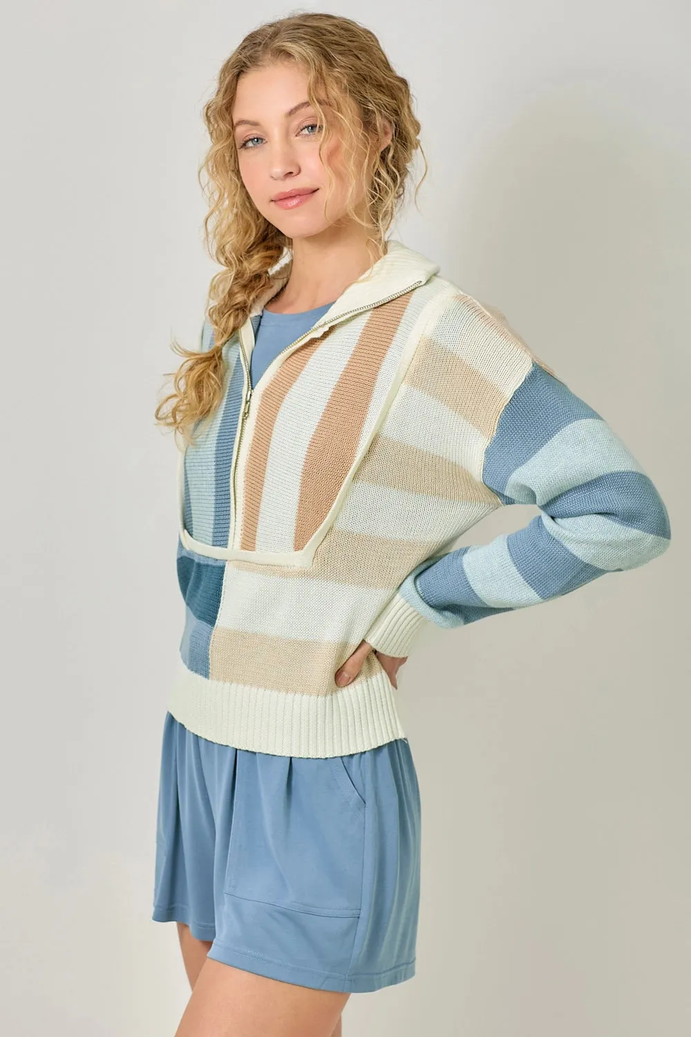 Color Blocked Stripe Zipped Neck Sweater