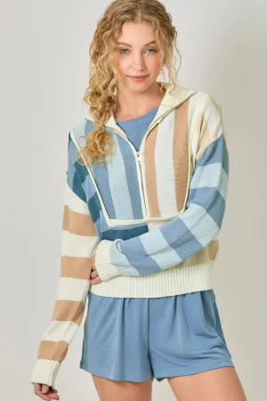 Color Blocked Stripe Zipped Neck Sweater